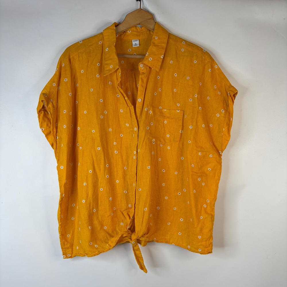Old Navy Button Down Shirt Womens XXL Yellow Daisy Linen Blend Front Tie Top